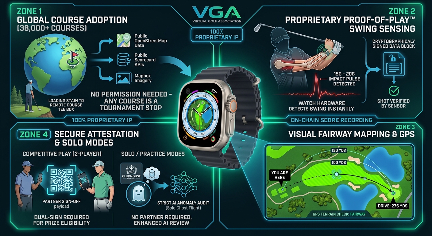VGA Proof-of-Play system diagram: global course adoption, smartwatch swing sensing, GPS fairway mapping, and secure attestation with solo modes