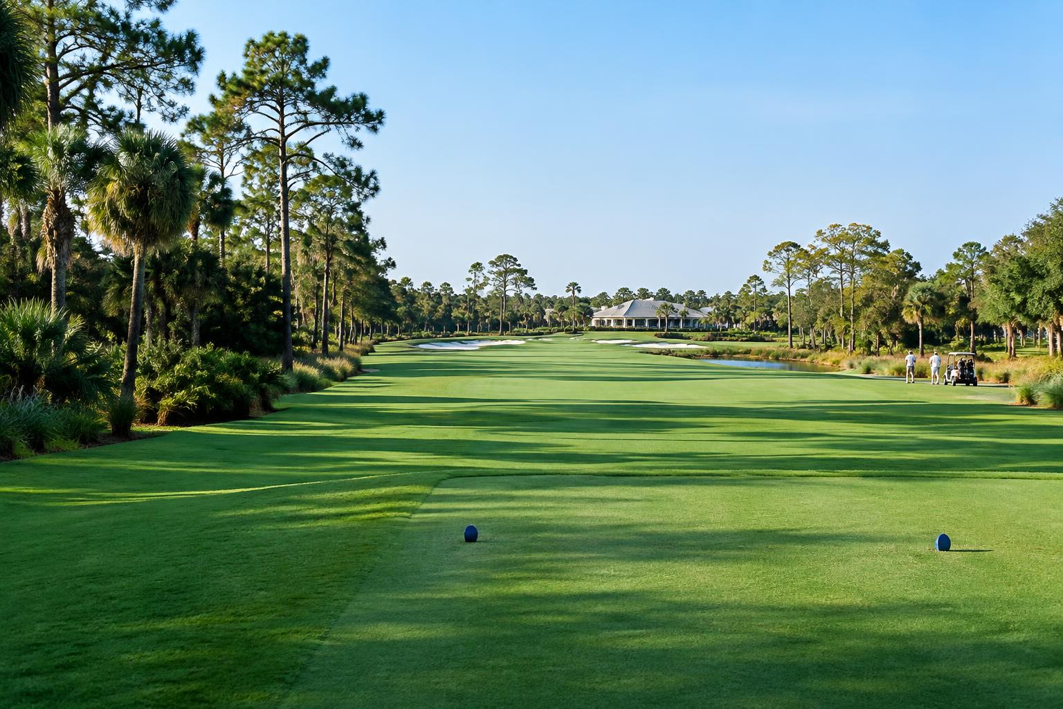 Illustrative golf course first tee overlooking a fairway and clubhouse